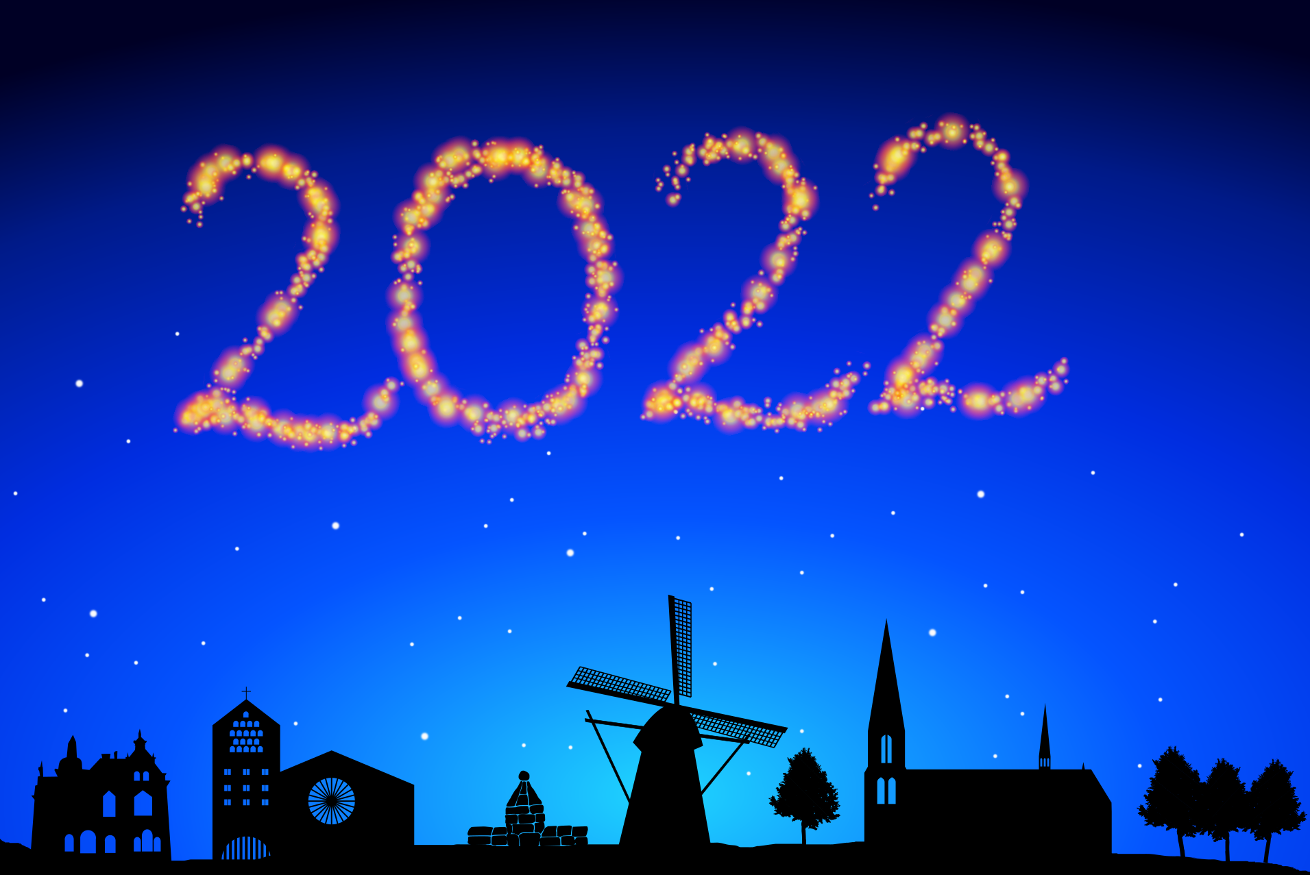 Silhouette von Ochtruper Gebäuden vor einem Sternenhimmel