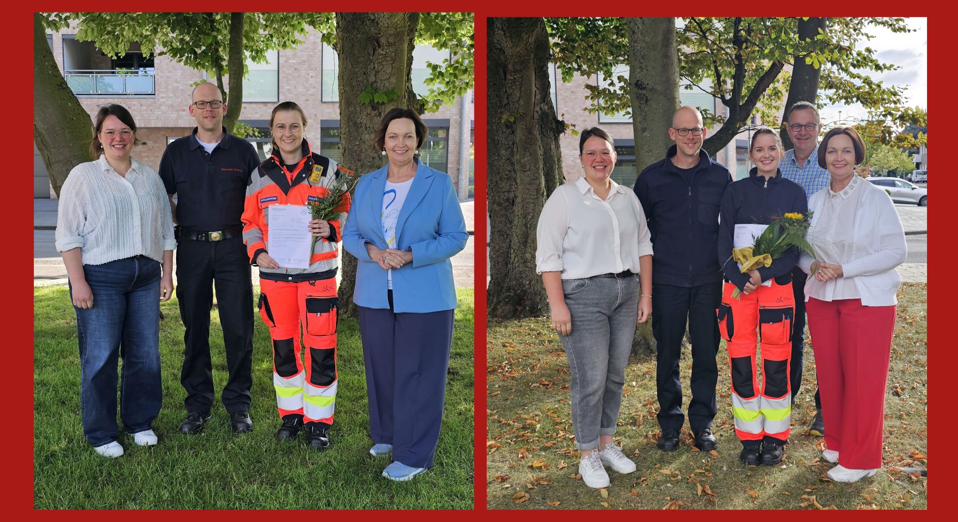 Sie sehen: Gruppenbilder mit den übernommenen Notfallsanitäterinnen und Vertretern der Stadt Ochtrup.