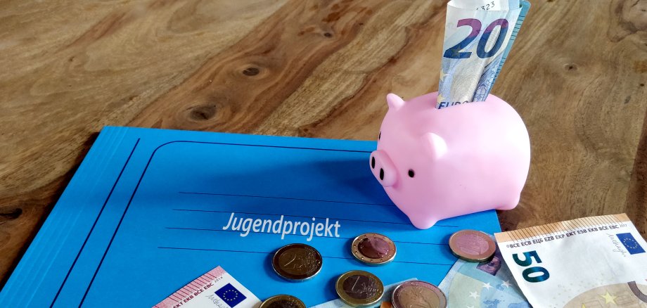 Sie sehen: Geldmünzen und -scheine, ein Sparschwein und eine Akte mit der Aufschrift "Jugendprojekt"