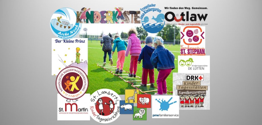 Sie sehen: eine Collage mit spielenden Kindern in der Mitte, umgeben von Logos der Kita-Einrichtungen.