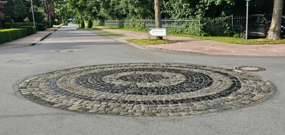 Sie sehen: Eine ellipsenförmige Aufpflasterung im Straßenkreuzungsbereich
