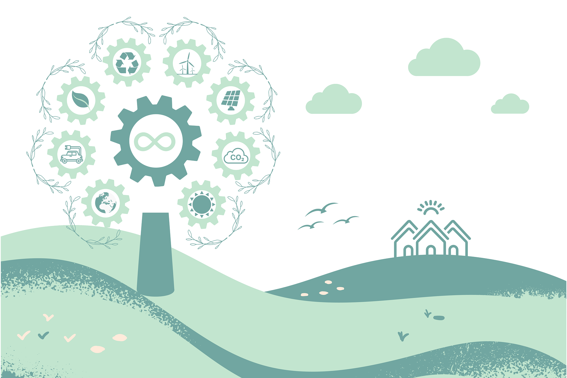 Sie sehen: Die Grafik eines Baumes mit Symbolen der Nachhaltigkeit, im Hintergrund ein Haus