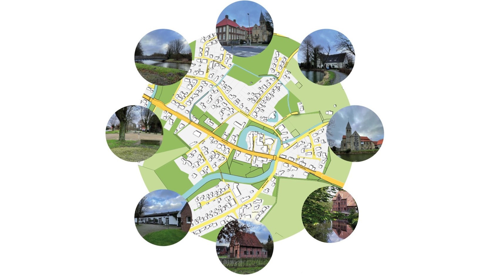 Karte von Langenhorst mit Einzelansicht verschiedener Gebäude und Plätze
