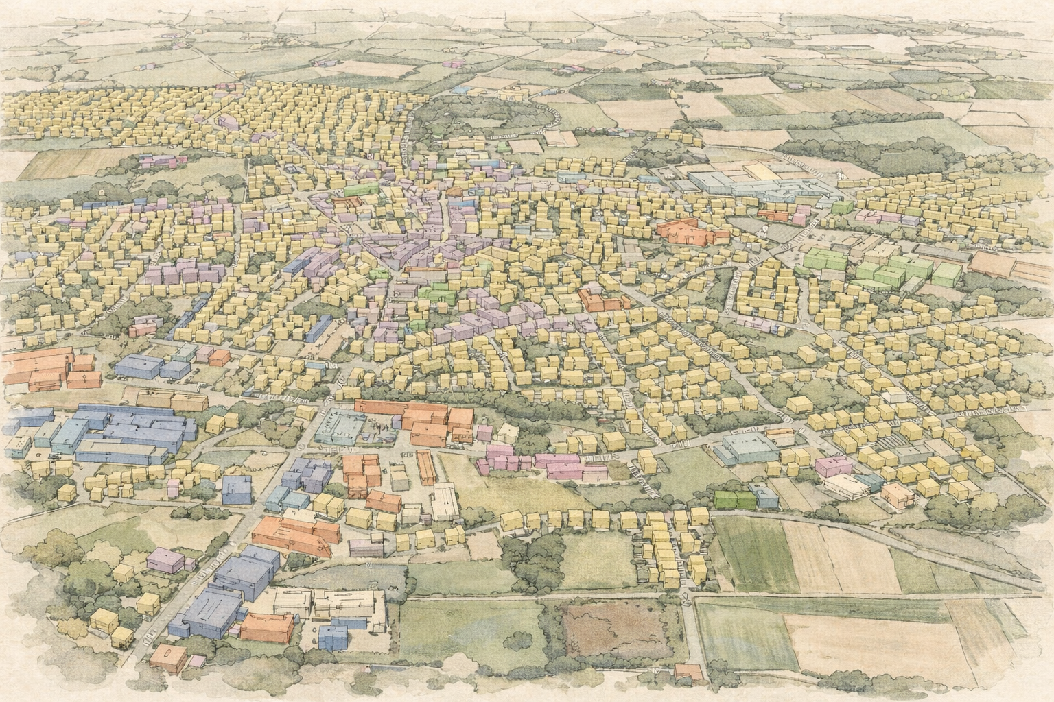 Sie sehen: eine Luftansicht von Ochtrup mit farblich gekennzeichneten Liegenschaften, die die verschiedenen Eignungsbereiche für die kommunale Wärmeplanung darstellen.