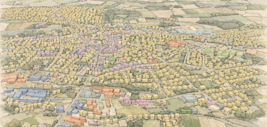 Sie sehen: eine Luftansicht von Ochtrup mit farblich gekennzeichneten Liegenschaften, die die verschiedenen Eignungsbereiche für die kommunale Wärmeplanung darstellen.