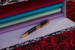 Sie sehen: einen Füllfederhalter und Papier