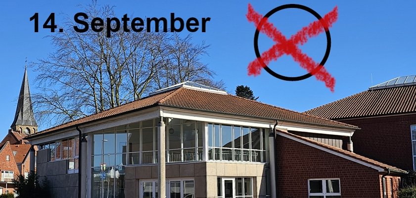 Sie sehen: die Frontansicht der Ochtruper Stadthalle; Aufschrift: "14. September" mit einem skizzierten Kreuzchen