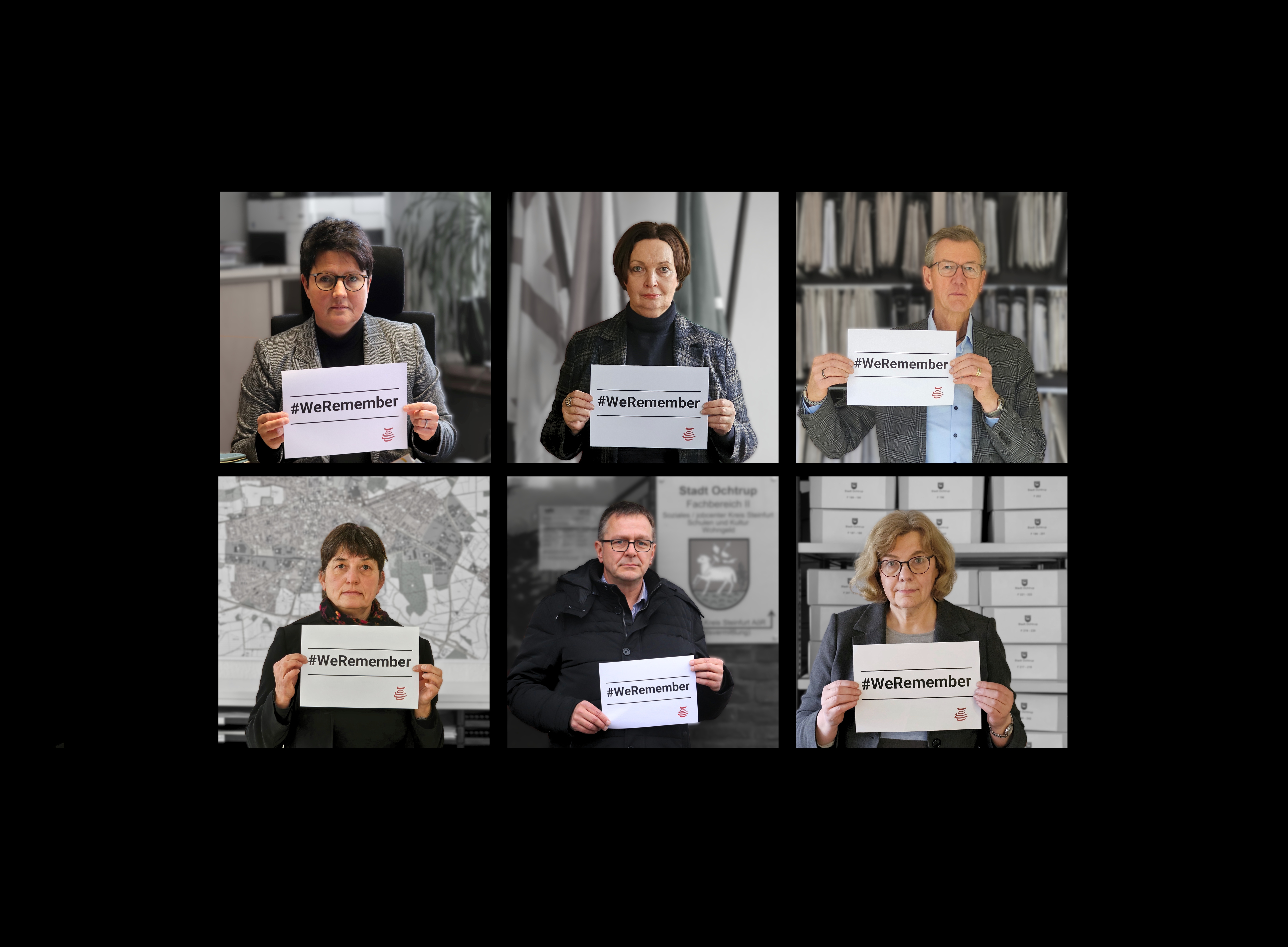 Sie sehen: eine Collage mit Personen, die das Schild mit der Aufschrift "We remember" vor sich halten.