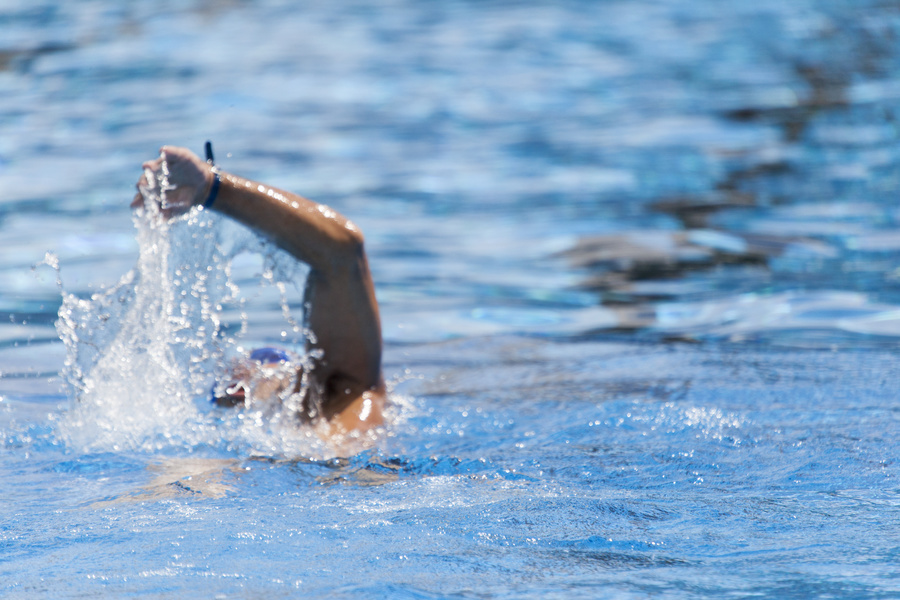 Schwimmer in der Schwimmbahn im Freibad